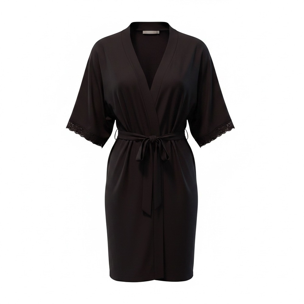 NWOT Secret Treasures Sleepwear Black Lounge Robe 2X Lace Trim Inside Tie & Belt